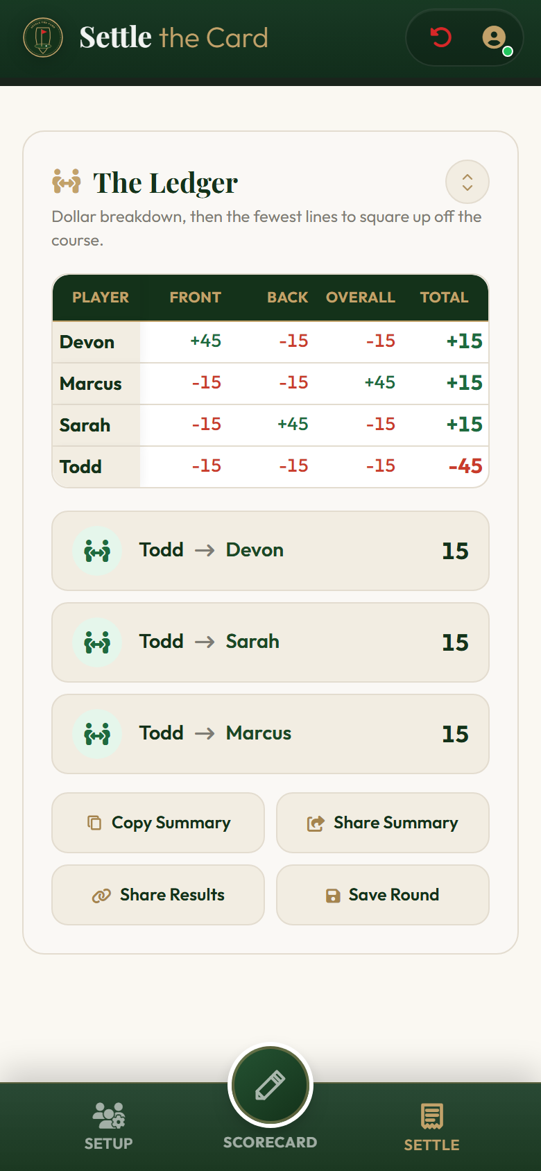 Settle: the card shows the result for each game.