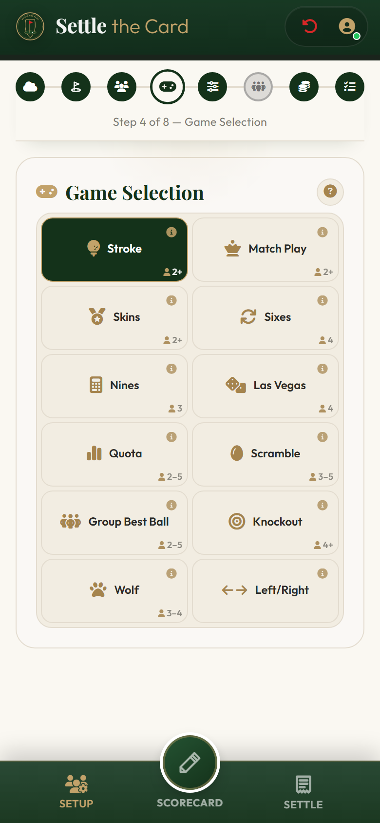 Game selection: Stroke, Match Play, Skins, Sixes, Nines, Las Vegas, Quota, Scramble, Group Best Ball, Knockout, Wolf, and Left/Right.